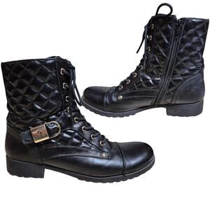 Guess Black Faux Leather Quilted MOTO Lug Sole Gold Buckle Mid Boots 8 1/2